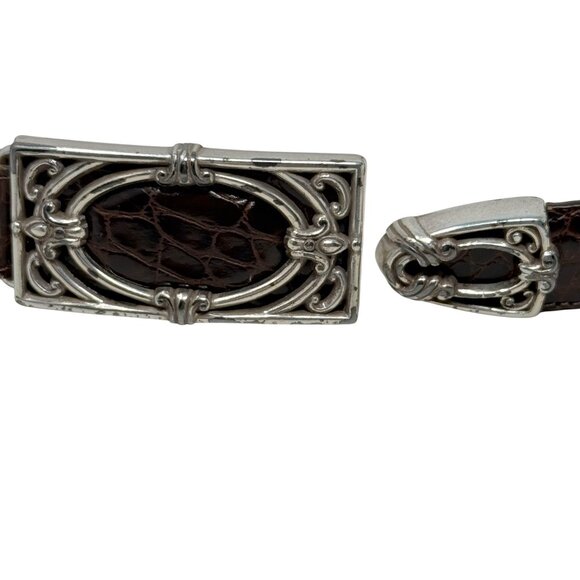 Vtg Brighton Croc Embossed Leather Belt Silver Buckle Size Med Approx 28 - 32” - Picture 5 of 11